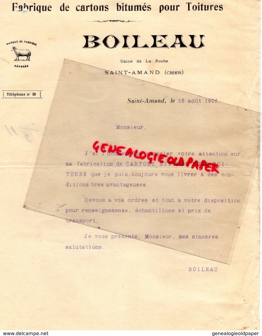 18 - ST SAINT AMAND- BELLE LETTRE BOILEAU-RUE PORTE MUTIN-FABRIQUE CARTONS BITUMES -USINE LA ROCHE-CARTONNERIE- 1906 - Petits Métiers