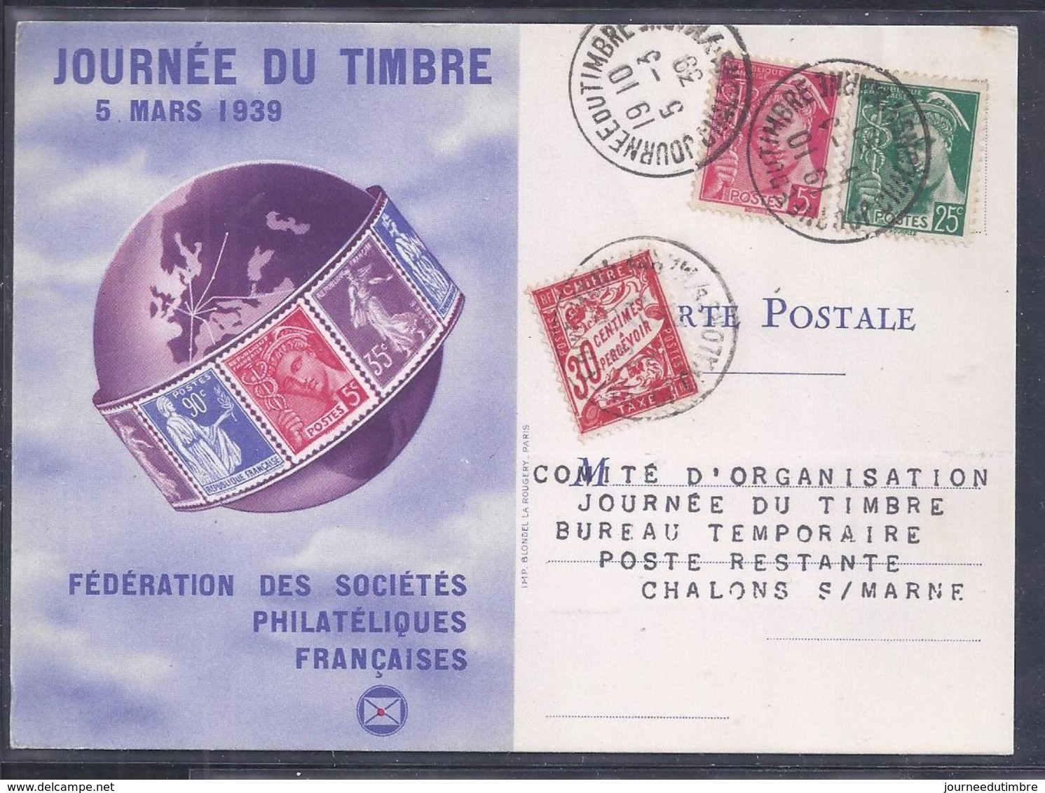 Carte Federale Journee Du Timbre 1939 Chalons Sur Marne Mercure  Taxe - Lettres & Documents