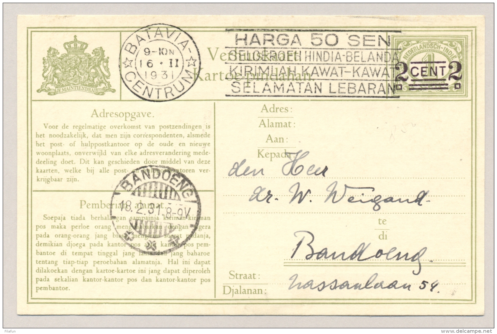 Nederlands Indië - 1931 - Machinestempel Batavia Centrum - Harga 50 Sen Seloerouh Hindia-Belanda.... - Nederlands-Indië