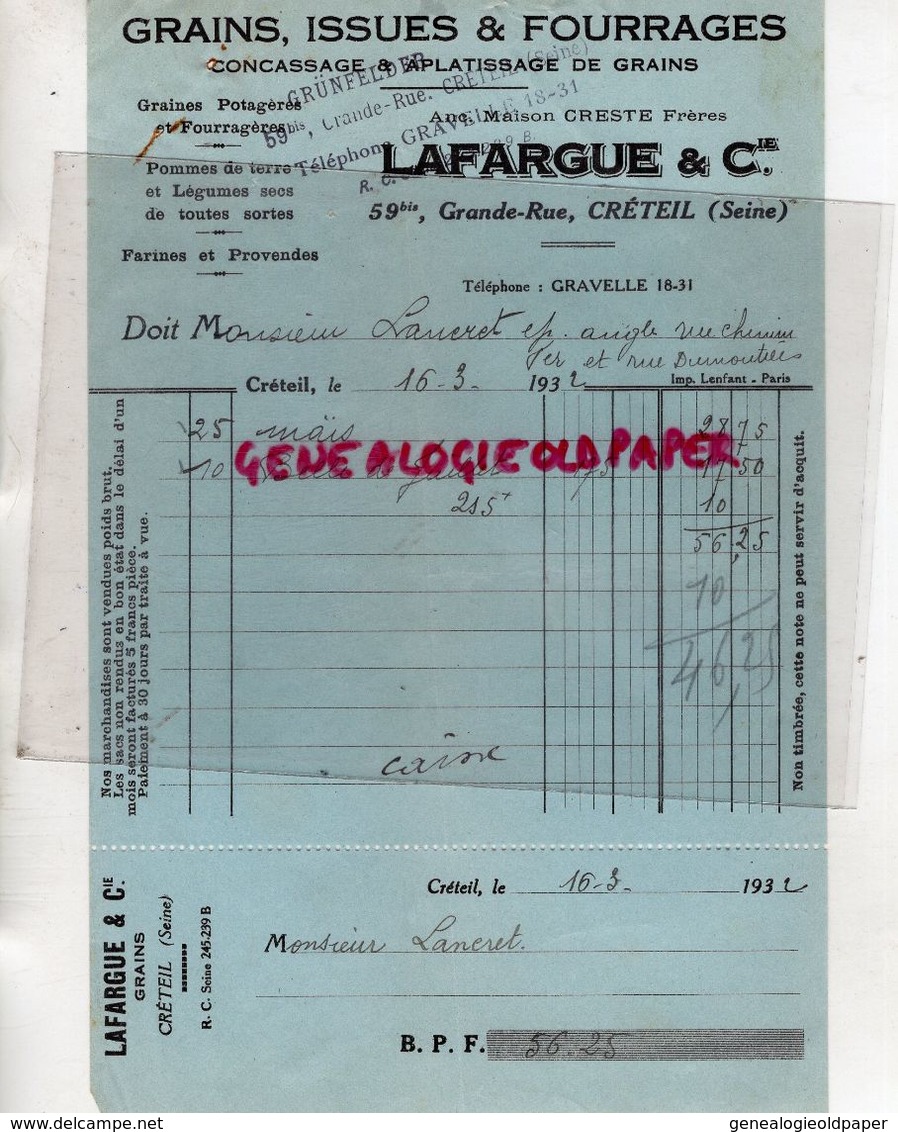 94-  CRETEIL- FACTURE LAFARGUE- CRESTE FRERES-GRAINS ISSUES FOURRAGES-HORTICULTURE 59 GRANDE RUE-1932 - Agriculture