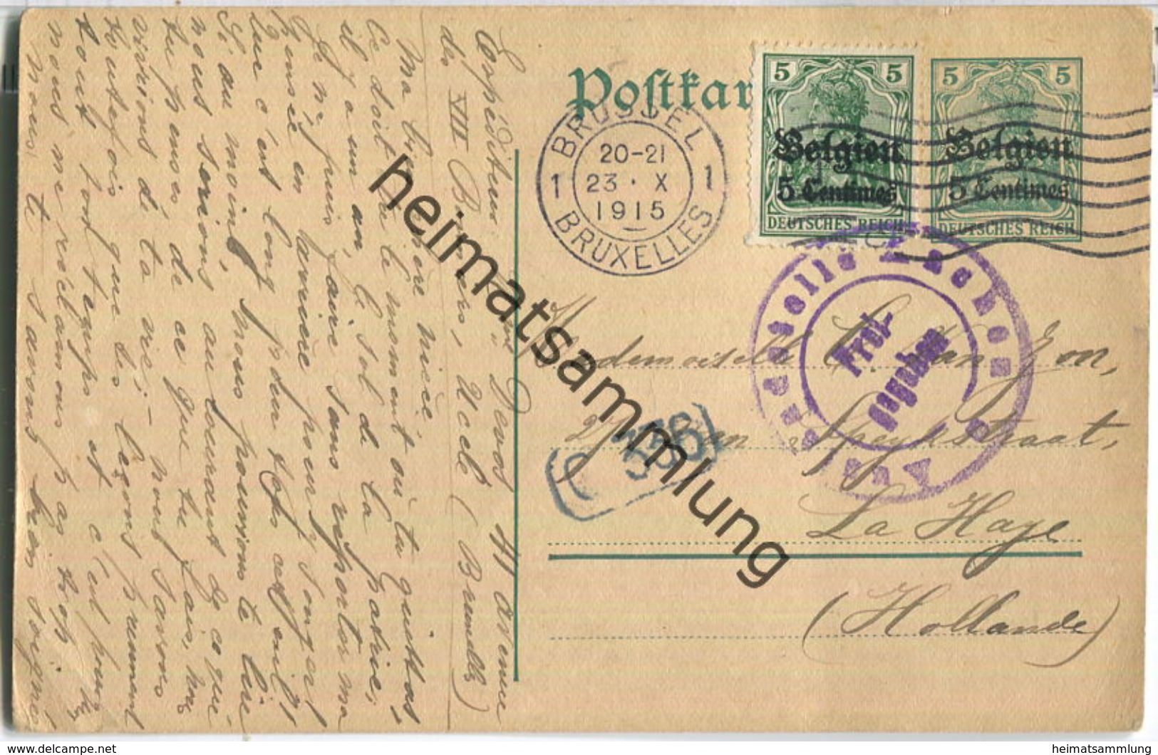 5 Centimes - Landespost In Belgien - Postkarte Rechts Vom Teilungsstrich - Zensur - Gelaufen 1915 Nach Holland - Occupazione 1914 – 18