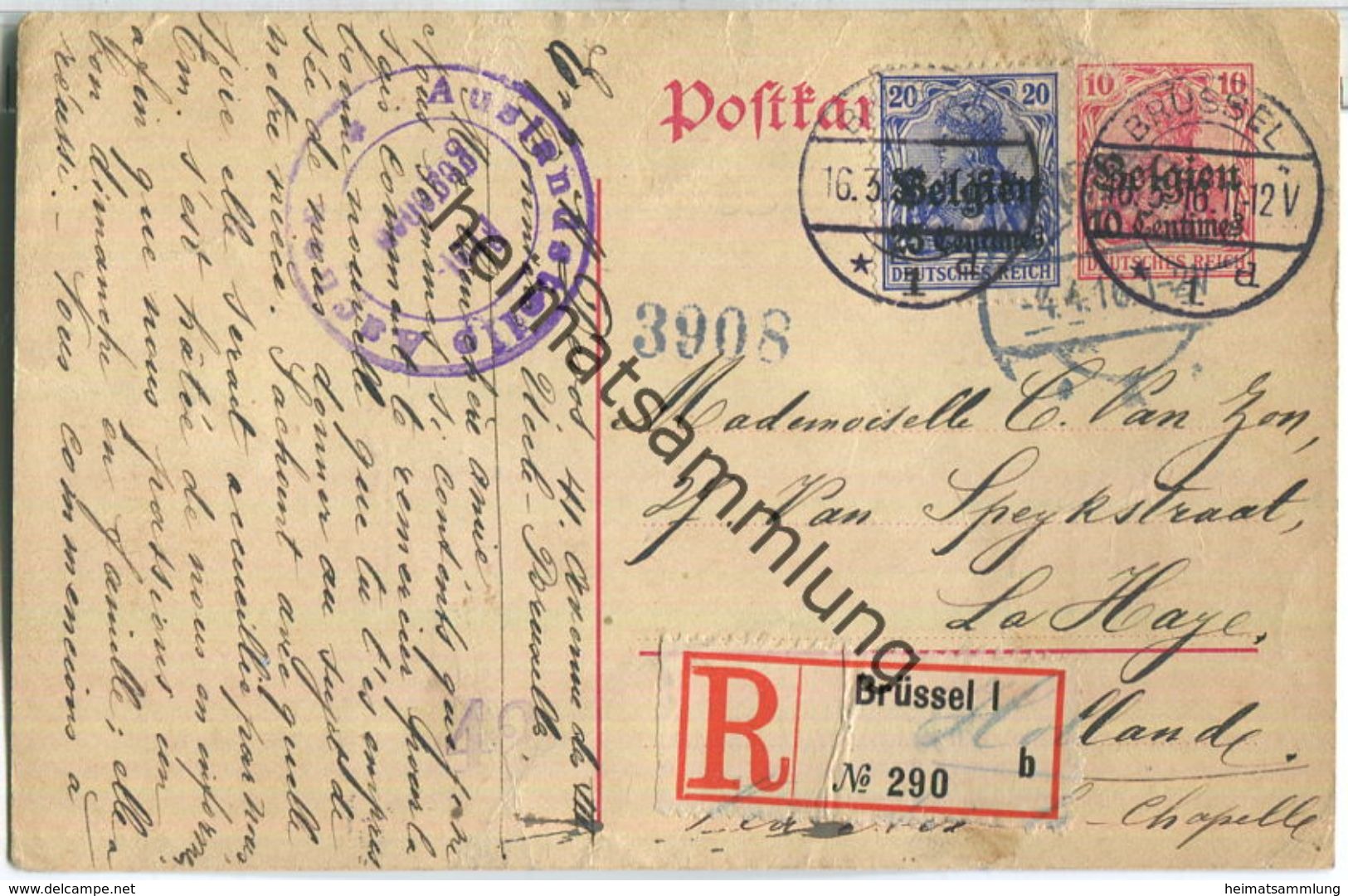 10 Centimes - Landespost In Belgien - Postkarte Rechts Vom Teilungsstrich - Einschreiben - Zensur - Occupazione 1914 – 18