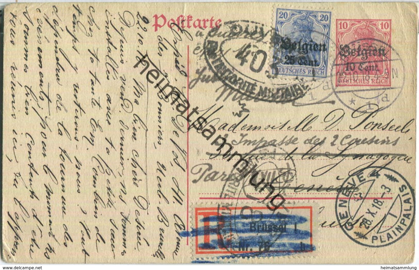 10 Cent - Landespost In Belgien - Postkarte über Teilungsstrich - Einschreiben - Zensur - Occupazione 1914 – 18