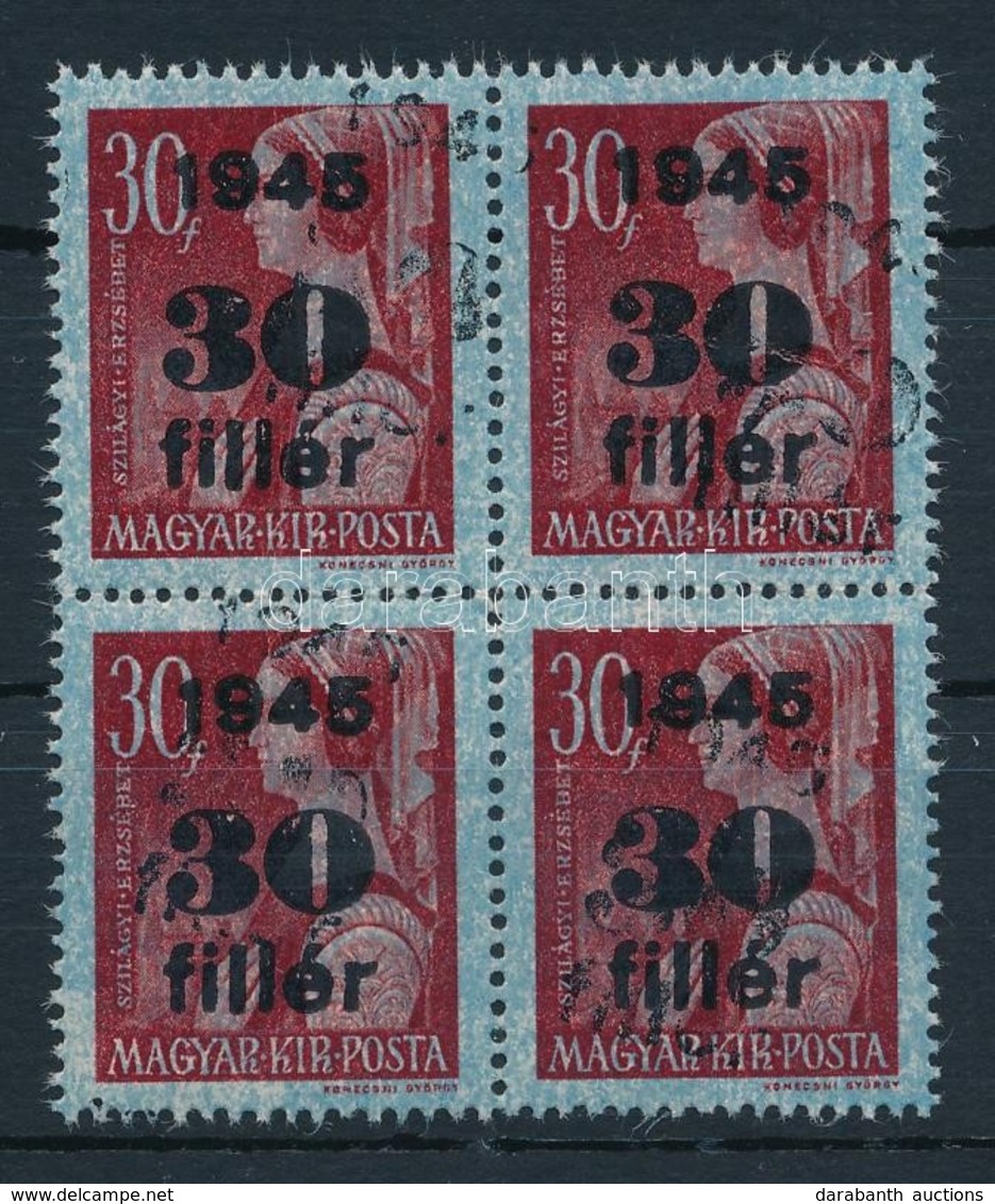 ** 1945 Kisegít? 30f/30f Négyestömb Kett?s Felülnyomással. Látványos, Ritka Darab! / Mi 789 Block Of 4 With Double Overp - Sonstige & Ohne Zuordnung