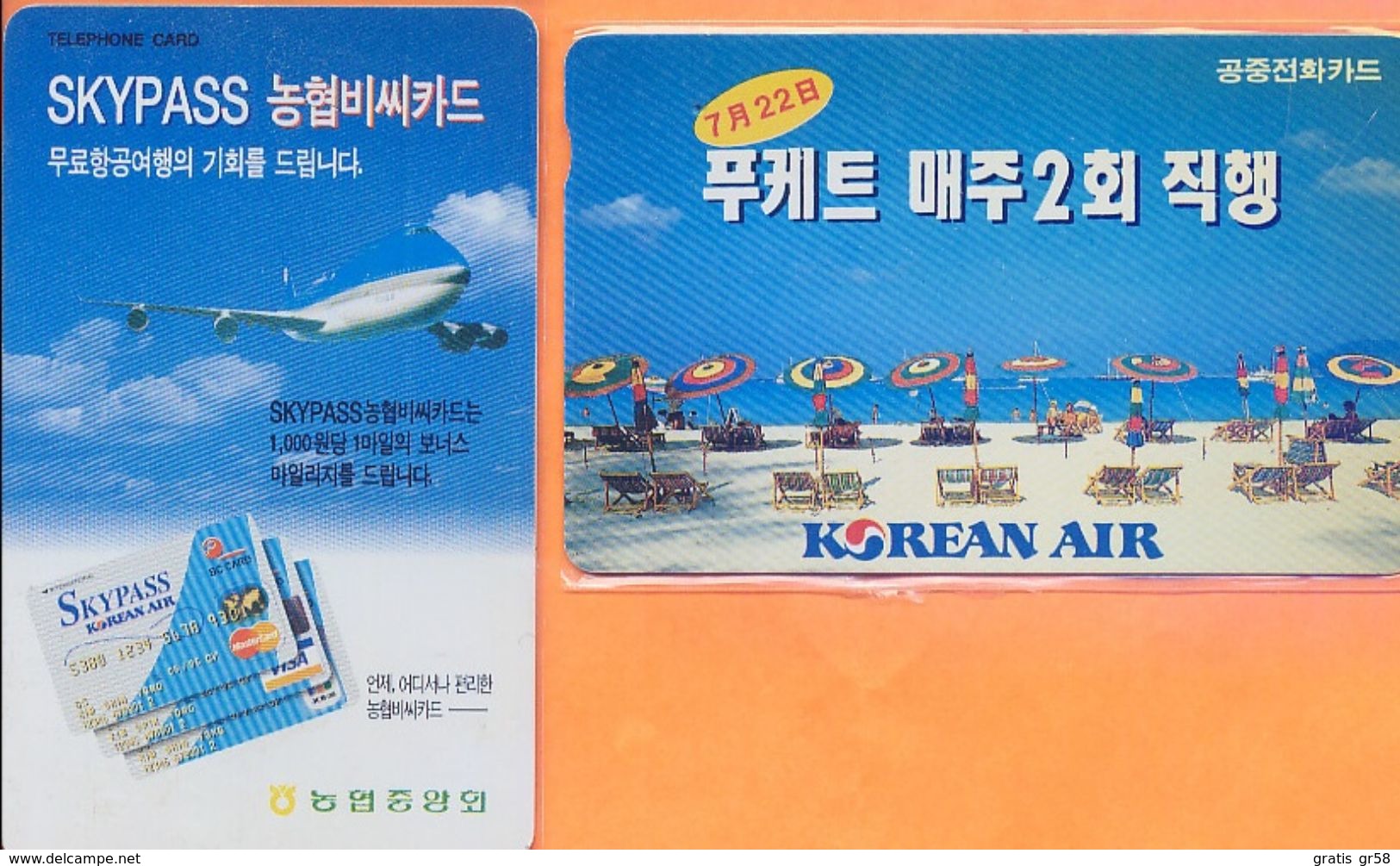 Korea South - Two Cards, Airplane, Aviation, Skypass & Korean Air, Used - Avions