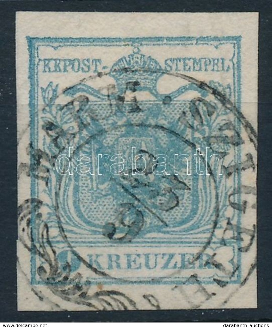 O 1850 9kr HP I. Világos Szürkéskék, ívszéli Nyomat Papírránccal 'MARM.SZIGETH' Certificate: Steiner - Andere & Zonder Classificatie