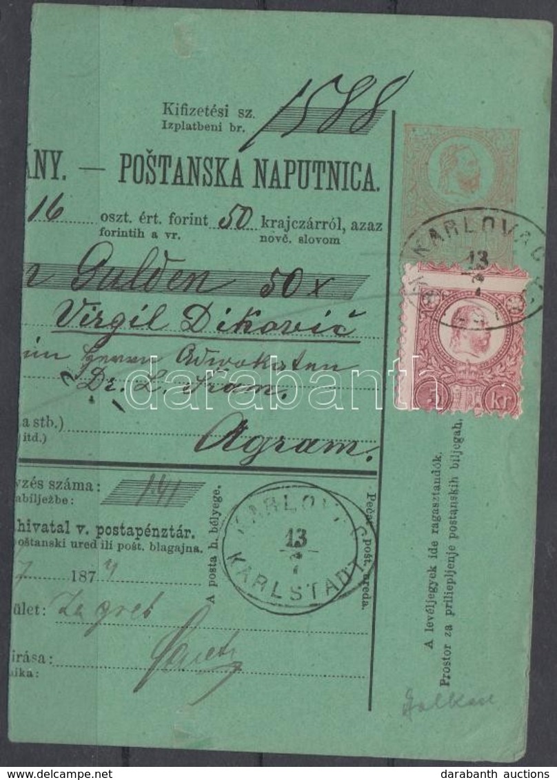 1874 Réznyomat 5kr Díjjegyes Pénzutalvány Darabon / On PS-money Order Piece 'KARLOVAC KARLSTADT' - Autres & Non Classés