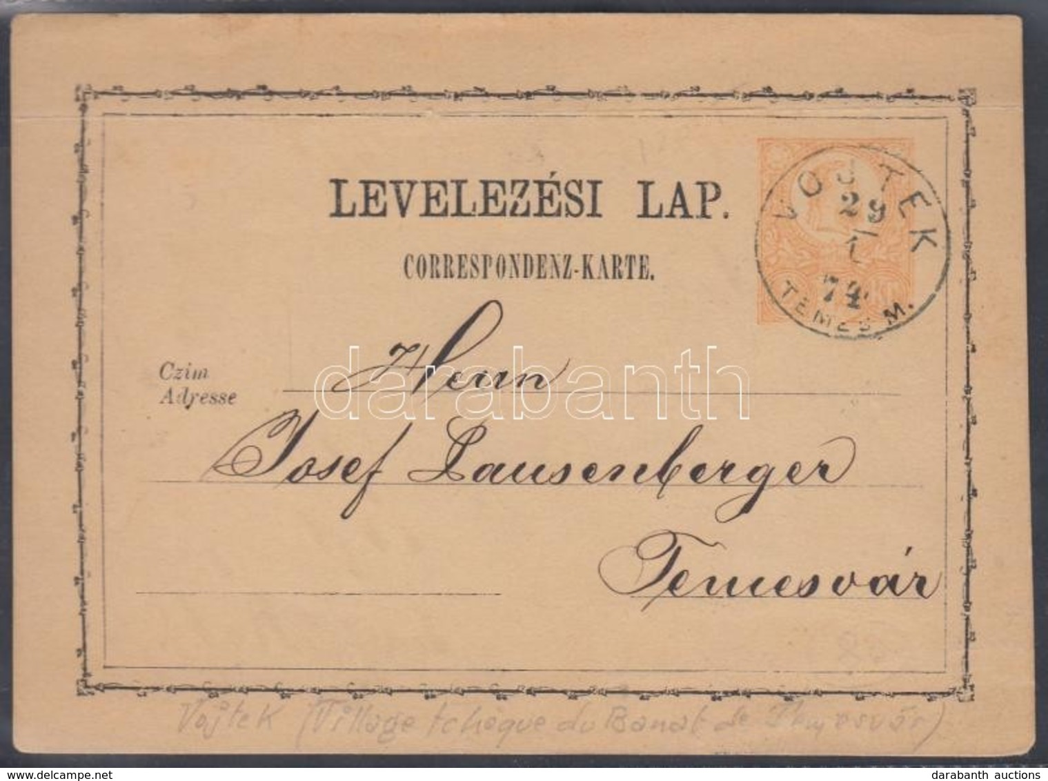 1874 Díjjegyes Levelez?lap / PS-card 'VOJTEK TEMES M.' - Altri & Non Classificati