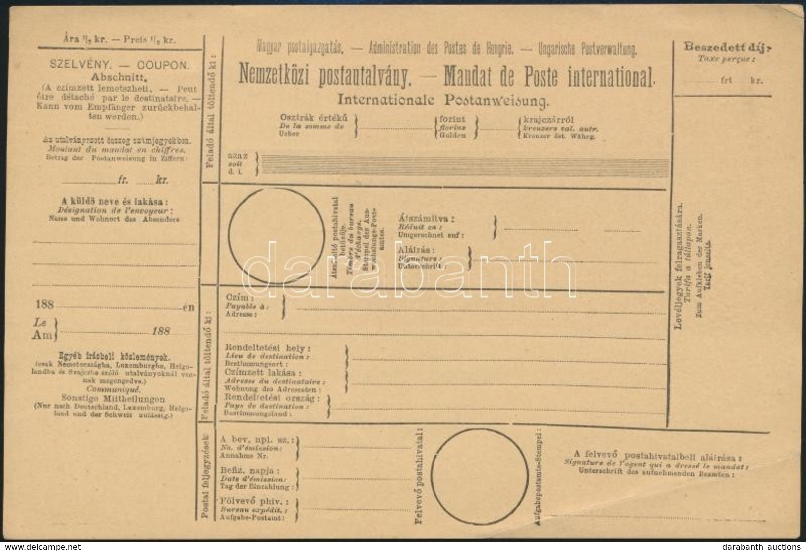 1883 Nemzetközi Postautalvány ?rlap, Használatlan - Sonstige & Ohne Zuordnung