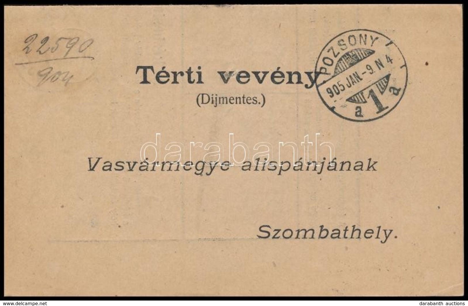 1905 Díjmentes Tértivevény 'POZSONY' - Szombathely - Andere & Zonder Classificatie