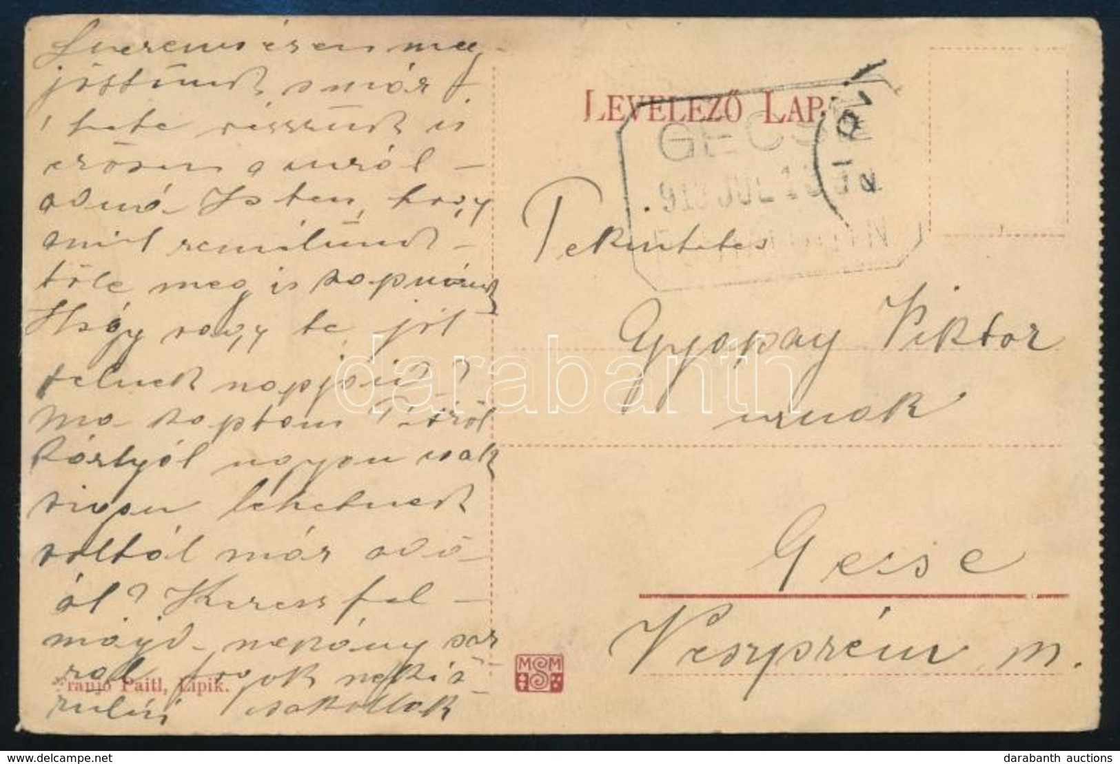 1913 Képeslap ,,GECSE' Postaügynökségi  Bélyegz?vel, Bélyeg Leszedve - Andere & Zonder Classificatie