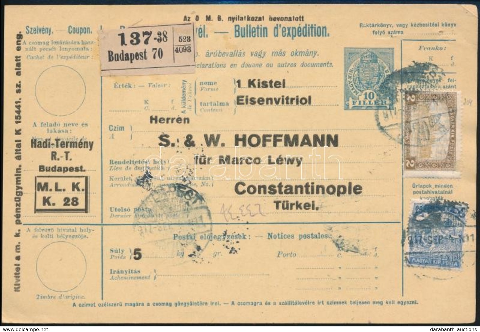 1914 Teljes Csomagszállító Törökországba 2,25K Bérmentesítéssel, Hátoldalán Török Bélyeggel - Sonstige & Ohne Zuordnung