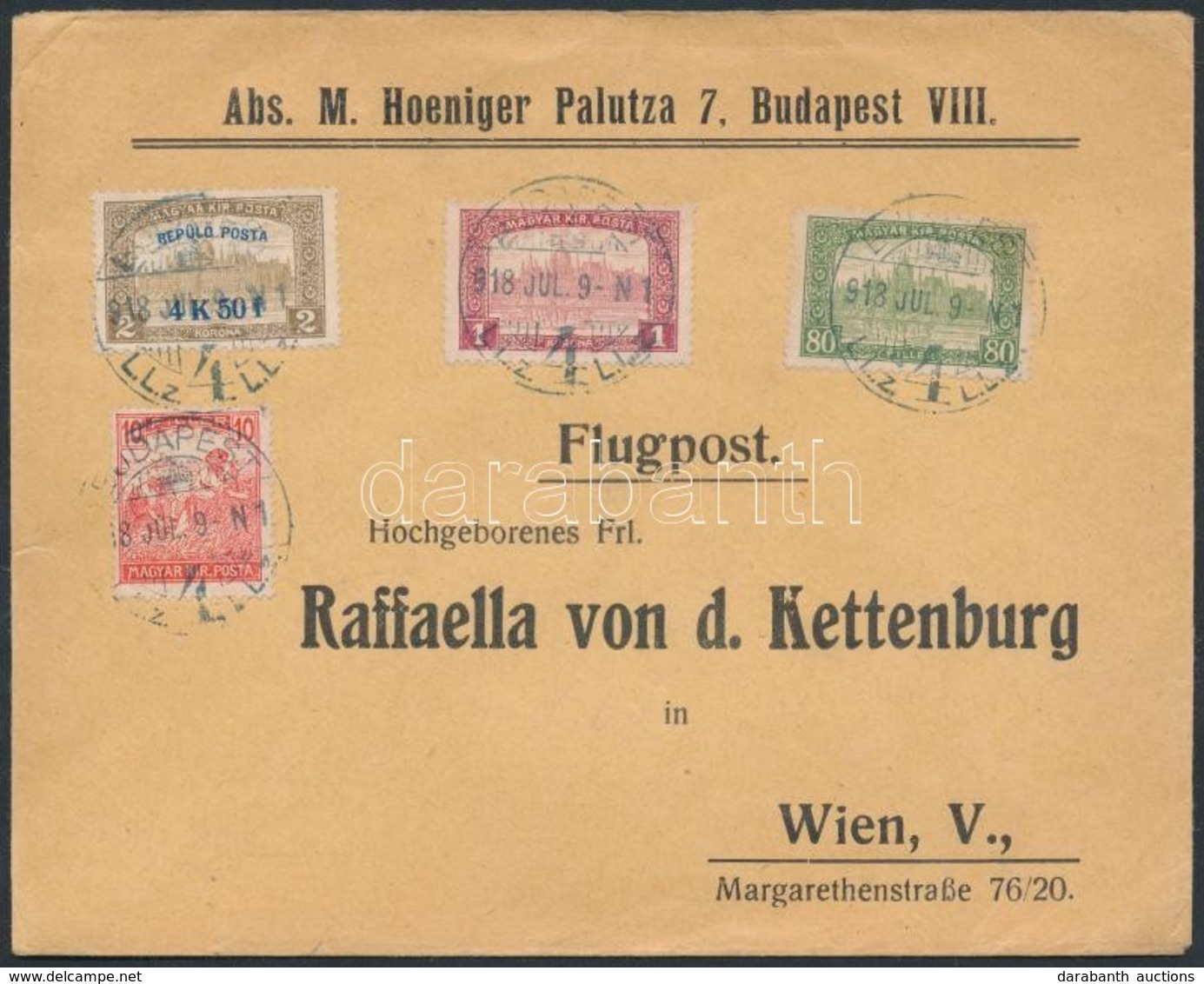 1918. Jul. 9. Légi Levél Bécsbe 4K50f Repül? Posta Bélyeggel és 1.90K Kiegészít? Bérmentesítéssel / Mi 211 With Addition - Sonstige & Ohne Zuordnung