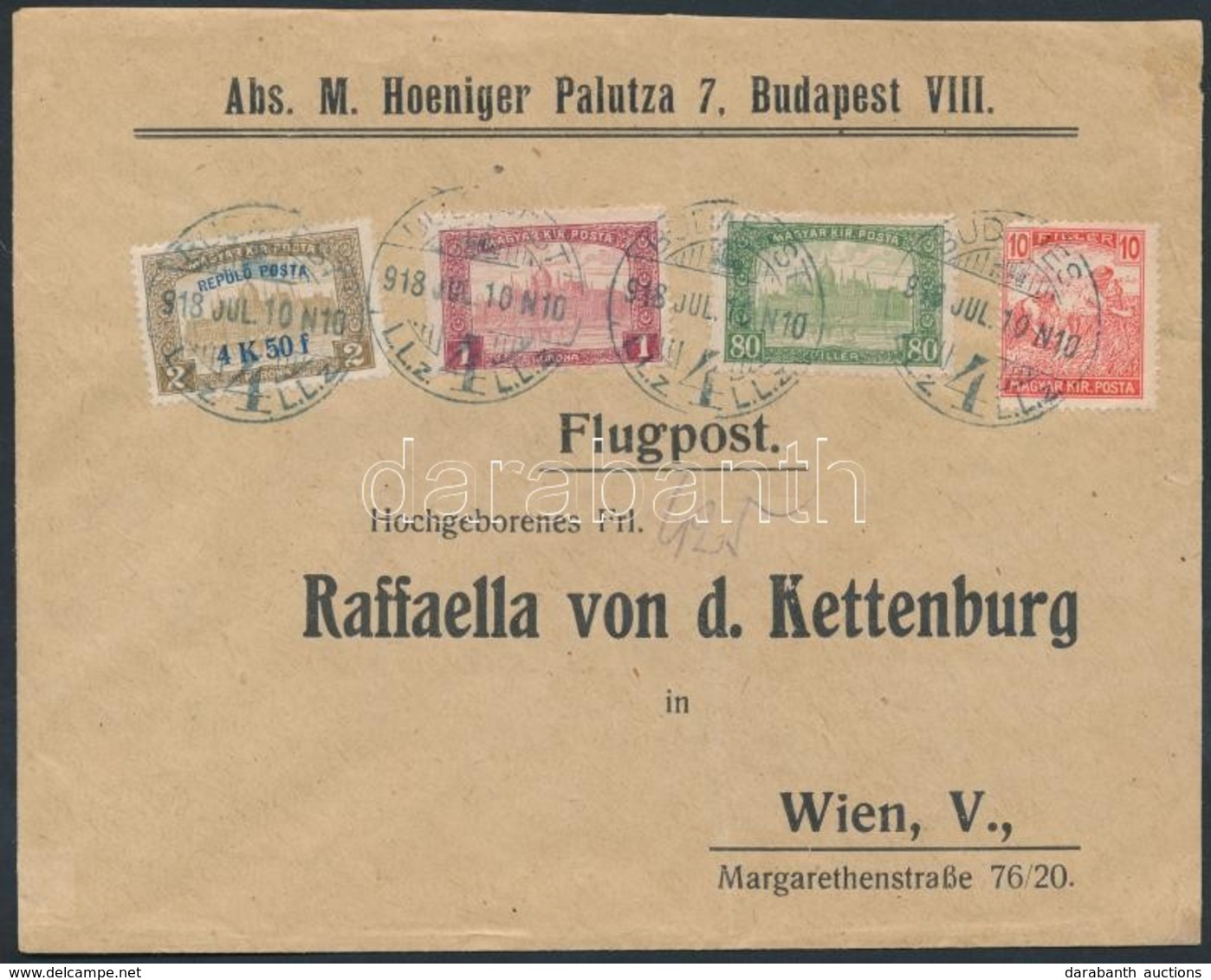 1918. Jul. 10. Légi Levél Bécsbe 4K50f Repül? Posta Bélyeggel és 1.90K Kiegészít? Bérmentesítéssel / Mi 211 With Additio - Sonstige & Ohne Zuordnung