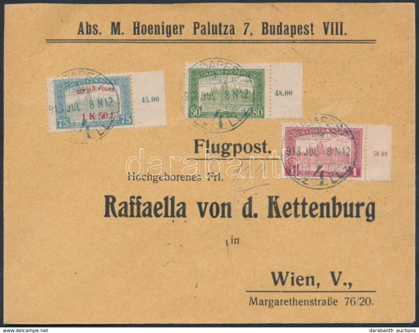 1918. Jul. 8. Légi Levél Bécsbe 1K50f Repül? Posta Bélyeggel és 1.80K Kiegészít? Bérmentesítéssel / Mi 210 With Addition - Sonstige & Ohne Zuordnung