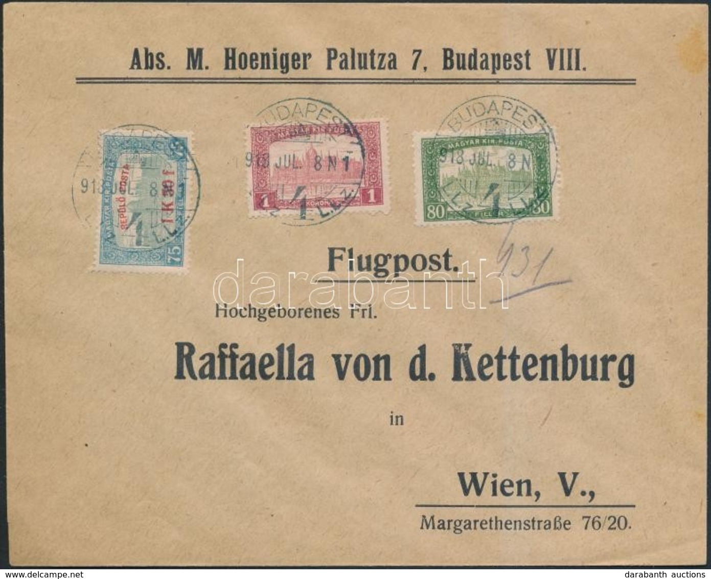 1918. Jul. 8. Légi Levél Bécsbe 1K50f Repül? Posta Bélyeggel és 1.80K Kiegészít? Bérmentesítéssel / Mi 210 With Addition - Andere & Zonder Classificatie