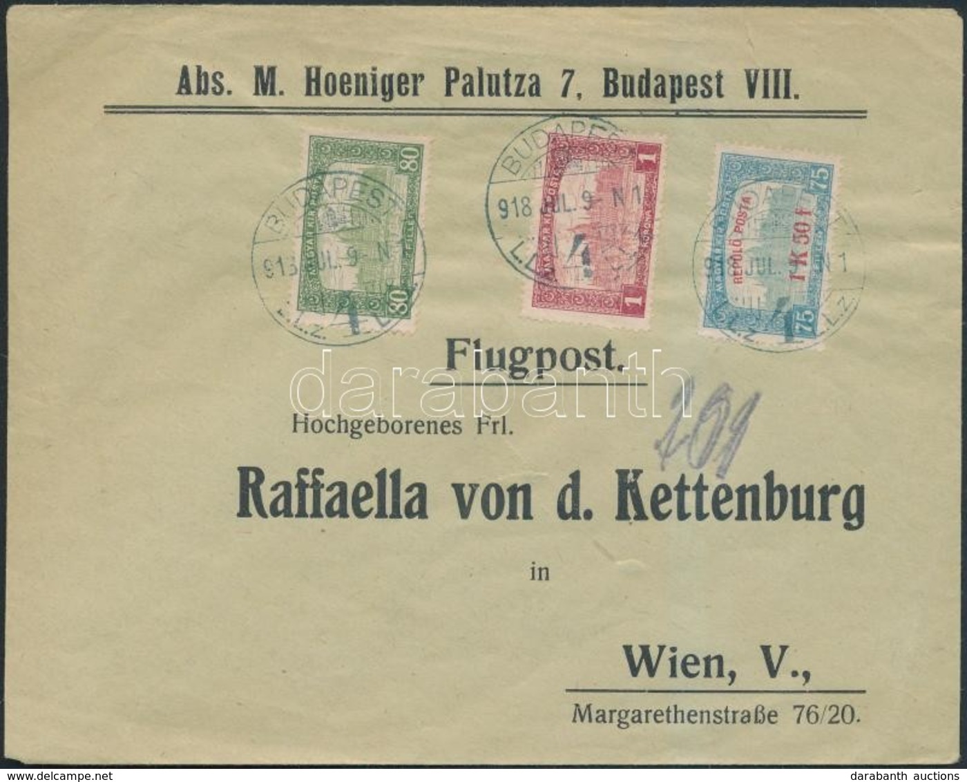 1918. Jul. 9. Légi Levél Bécsbe 1K50f Repül? Posta Bélyeggel és 1.80K Kiegészít? Bérmentesítéssel / Mi 210 With Addition - Andere & Zonder Classificatie