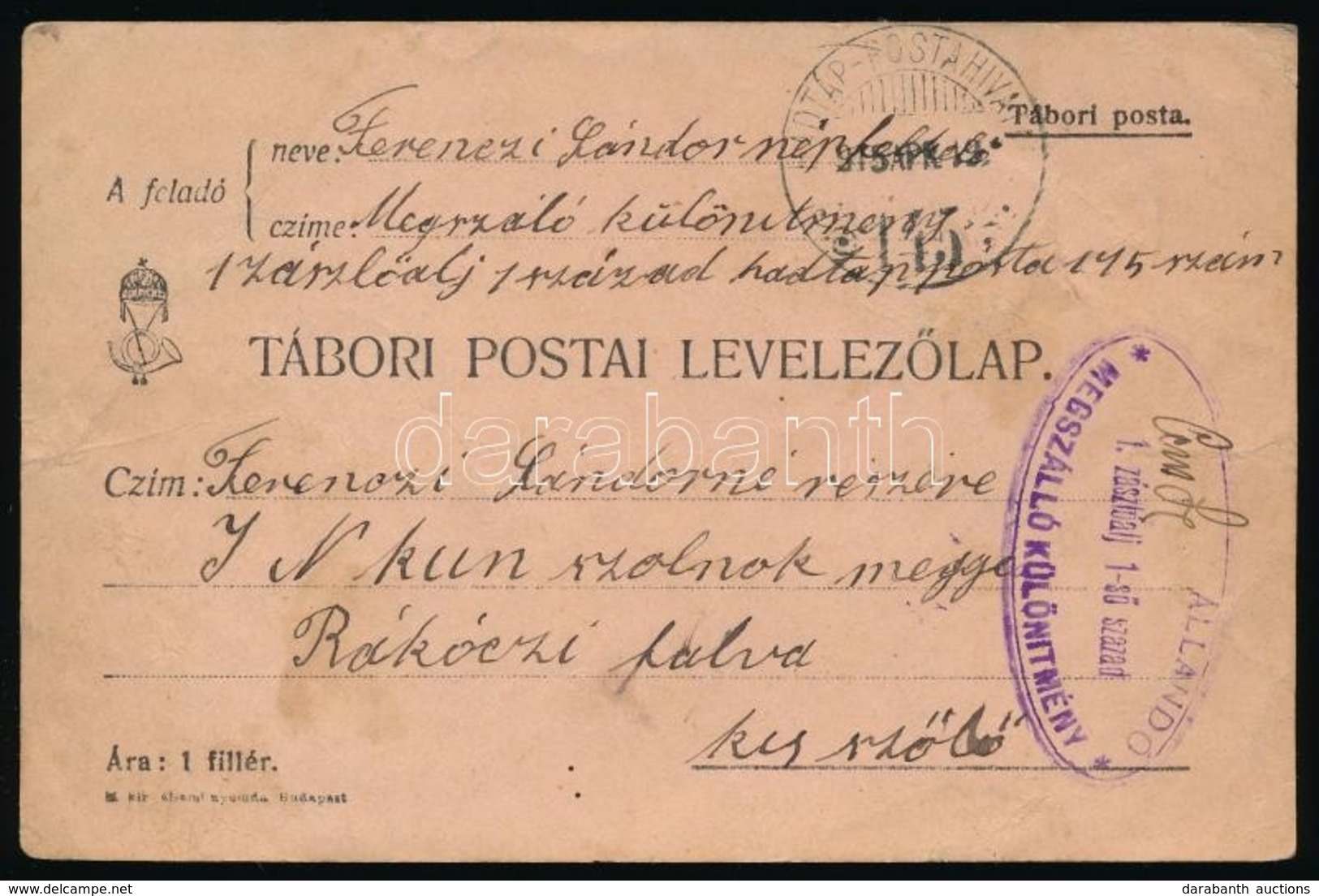 1915 Tábori Posta Levelez?lap '1. Zászlóalj 1-s? Század Megszálló Különítmény' + 'HP 145' - Sonstige & Ohne Zuordnung