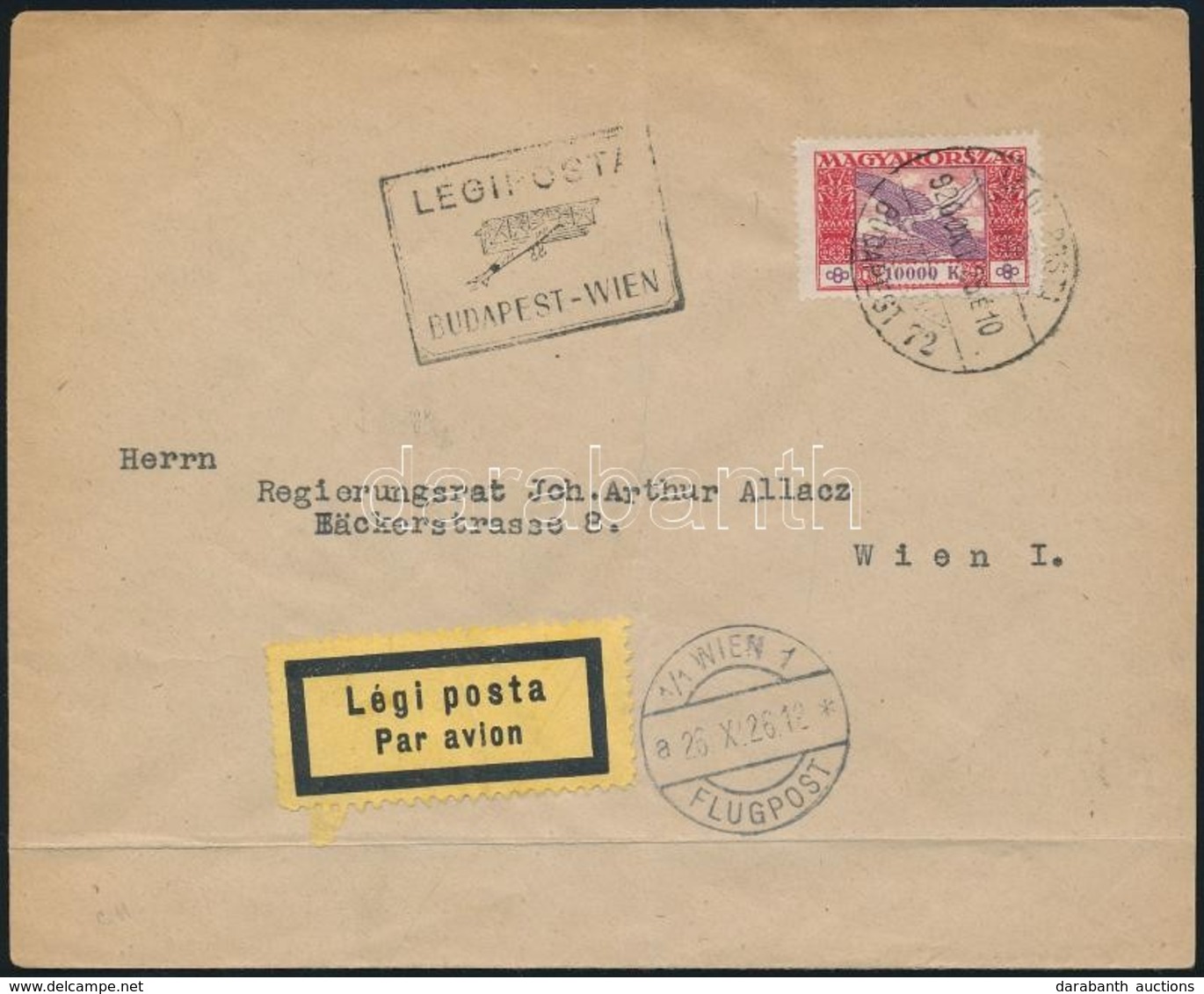1926 (16. Díjszabás) Ikarusz 10000K Légi Levélen Bécsbe / Airmail Cover To Vienna - Andere & Zonder Classificatie