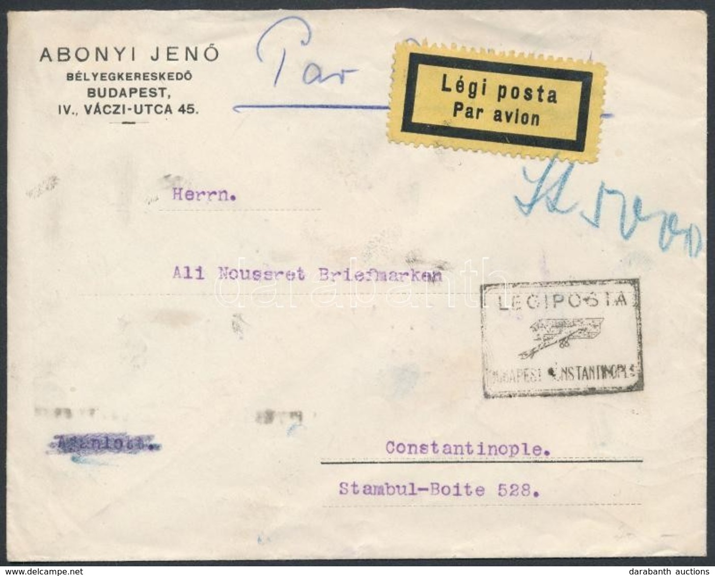 1926 (16.díjszabás) Ajánlott Légi Levél Isztambulba / Registered Airmail Cover To Istanbul - Andere & Zonder Classificatie