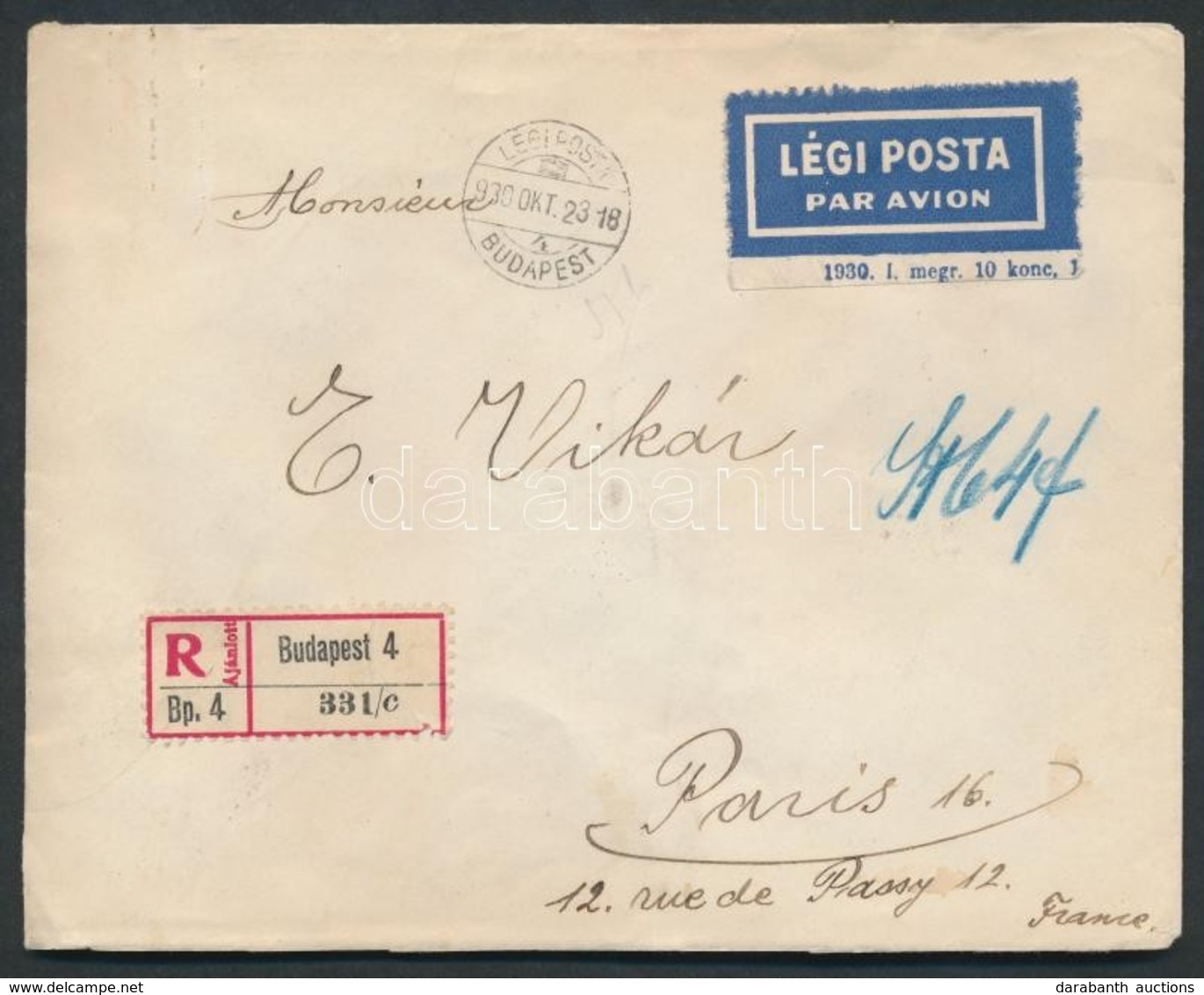 1930 Ajánlott Légi Levél Párizsba / Registered Airmail Cover To Paris - Sonstige & Ohne Zuordnung