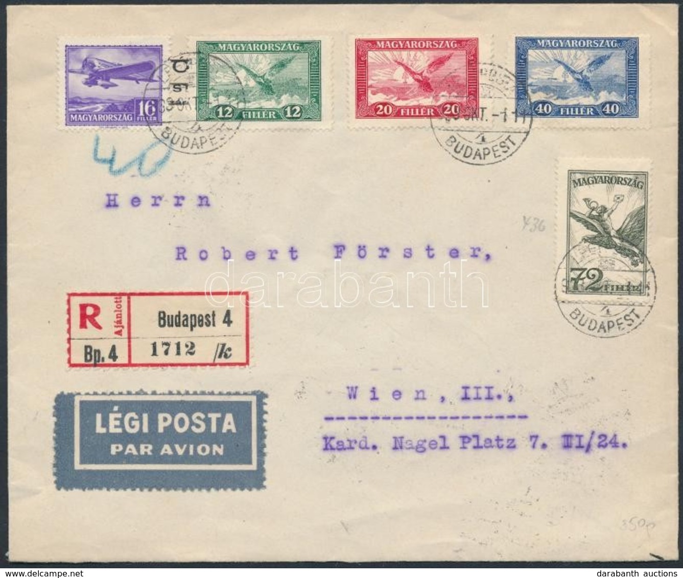 1933 Ajánlott Légi Levél Bécsbe / Registered Airmail Cover To Vienna - Andere & Zonder Classificatie