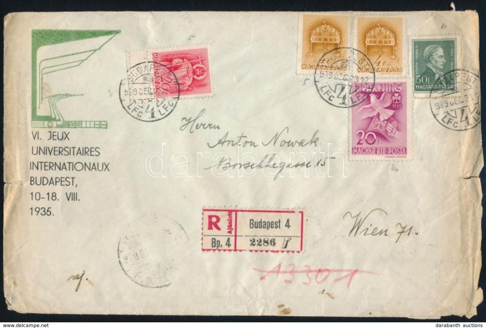 1939 Ajánlott Levél 5 Bélyeges Bérmentesítéssel, Cenzúrázva / Registered Censored Cover With 5 Stamps Franking 'BUDAPEST - Sonstige & Ohne Zuordnung