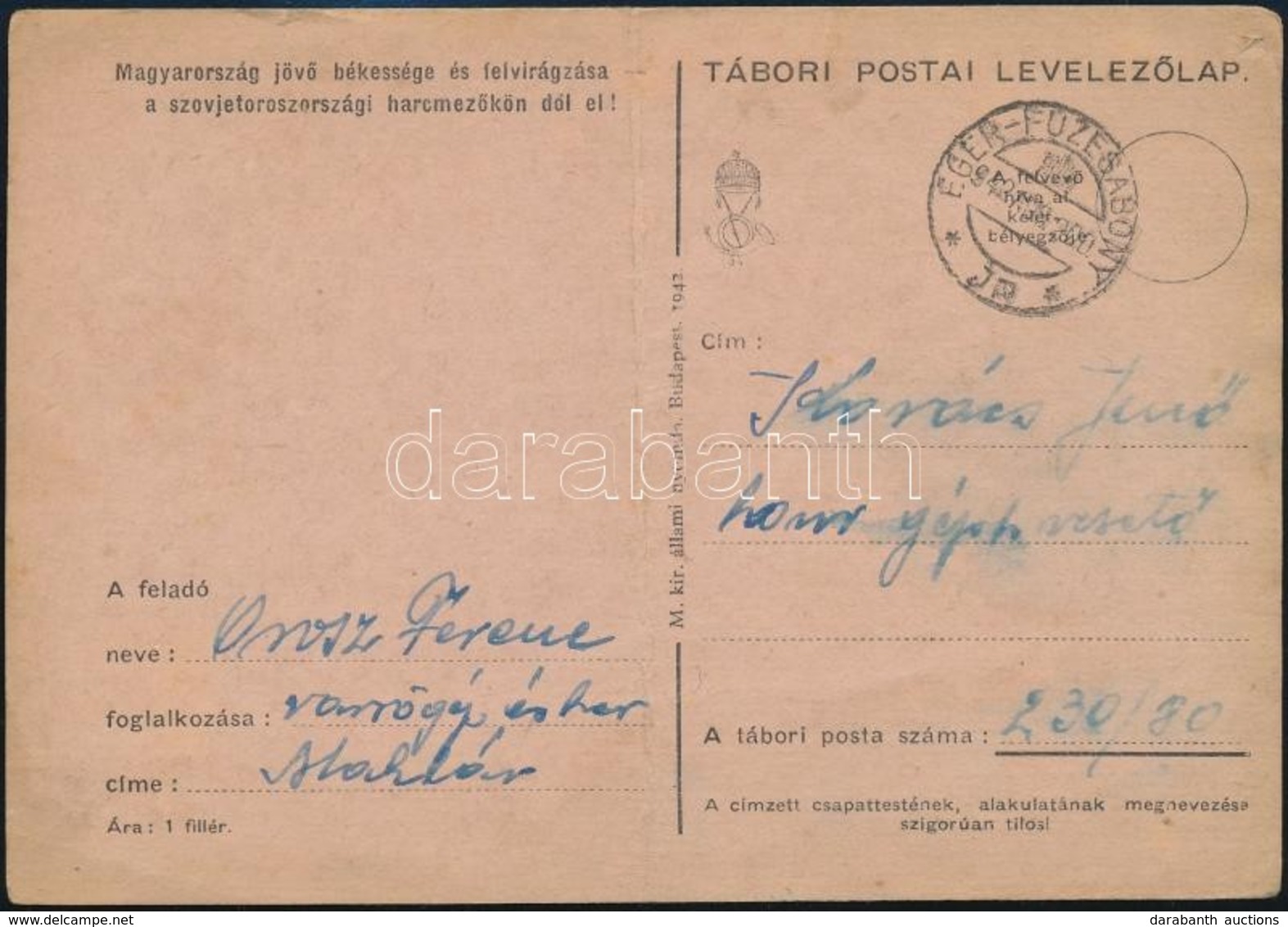 1942 Tábori Levelez?lap ,,Eger - Füzesabony JR' Mozgóposta Bélyegz?vel - Sonstige & Ohne Zuordnung