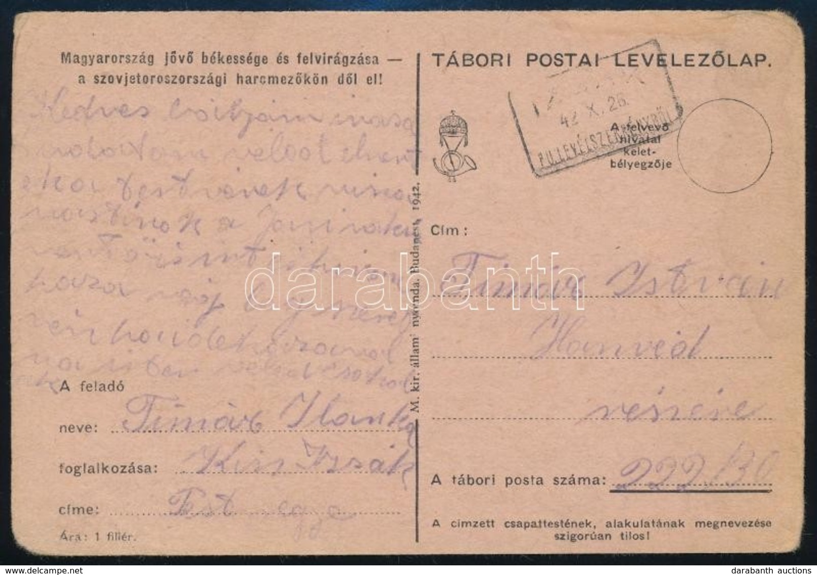 1942 Tábori Postai Levelez?lap ,,IZSÁK' Pályaudvari Levélszekrényb?l - Sonstige & Ohne Zuordnung