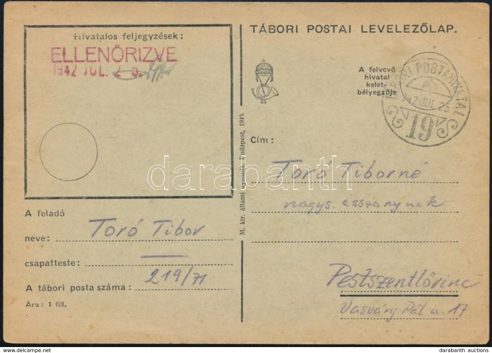 1942 Toró Tibor Levele Feleségének A 101/48 Tábori Munkaszázadtól - Sonstige & Ohne Zuordnung