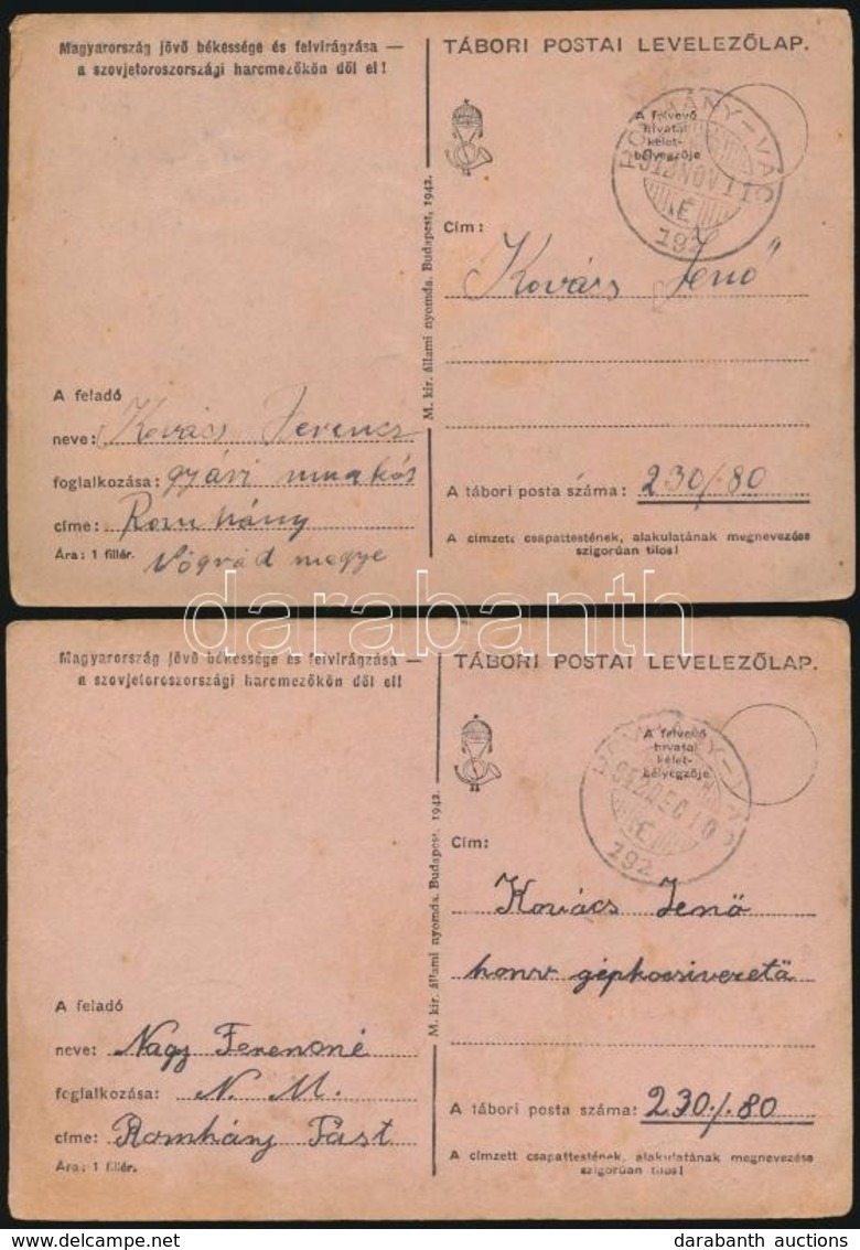 1942  2 Db Tábori Postai Levelez?lap ,,Romány - Vác 192' Mozgóposta Bélyegz?vel - Sonstige & Ohne Zuordnung