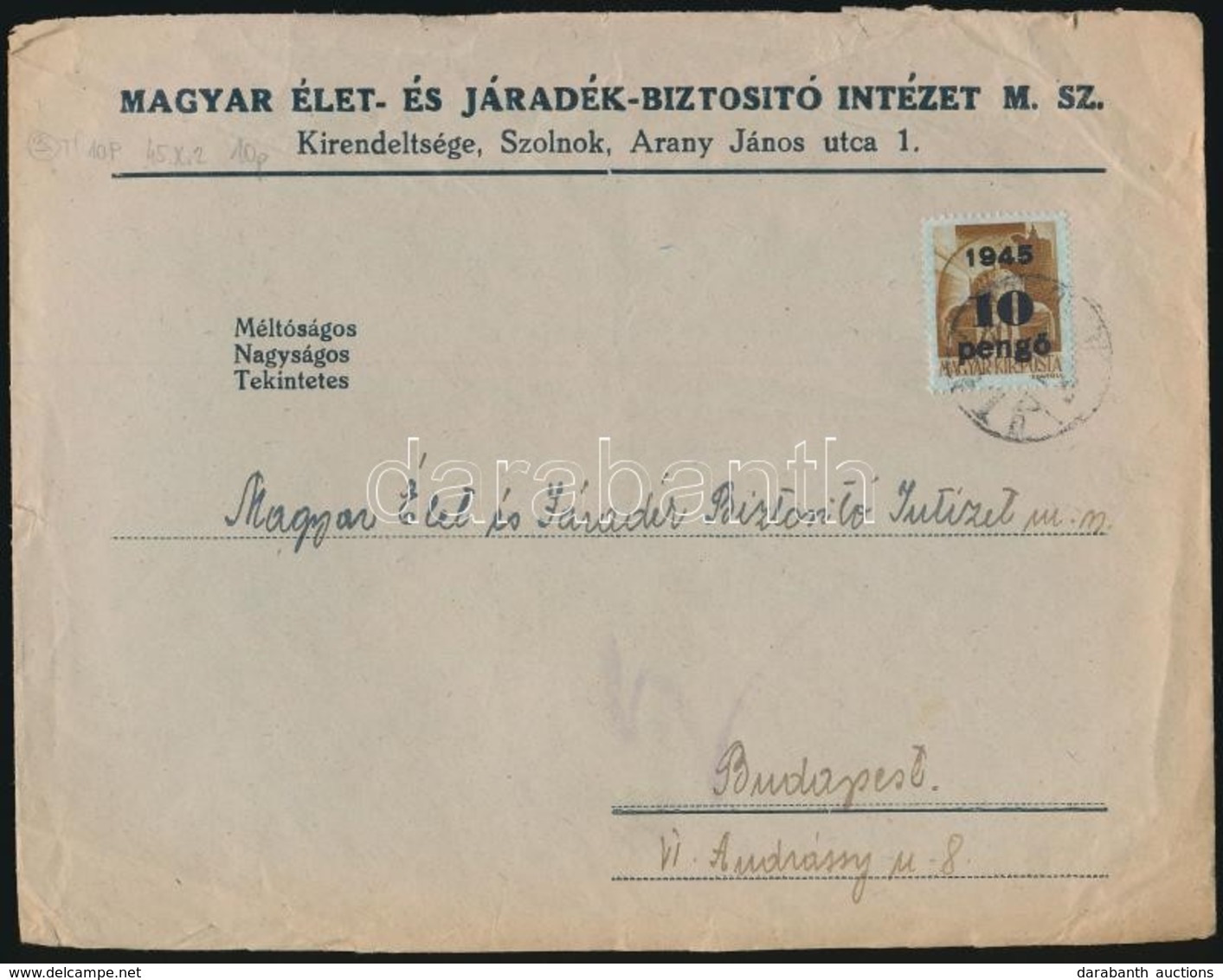 1945 (3. Díjszabás) Távolsági Levél Kisegít? 10P/80f Bérmentesítéssel - Andere & Zonder Classificatie