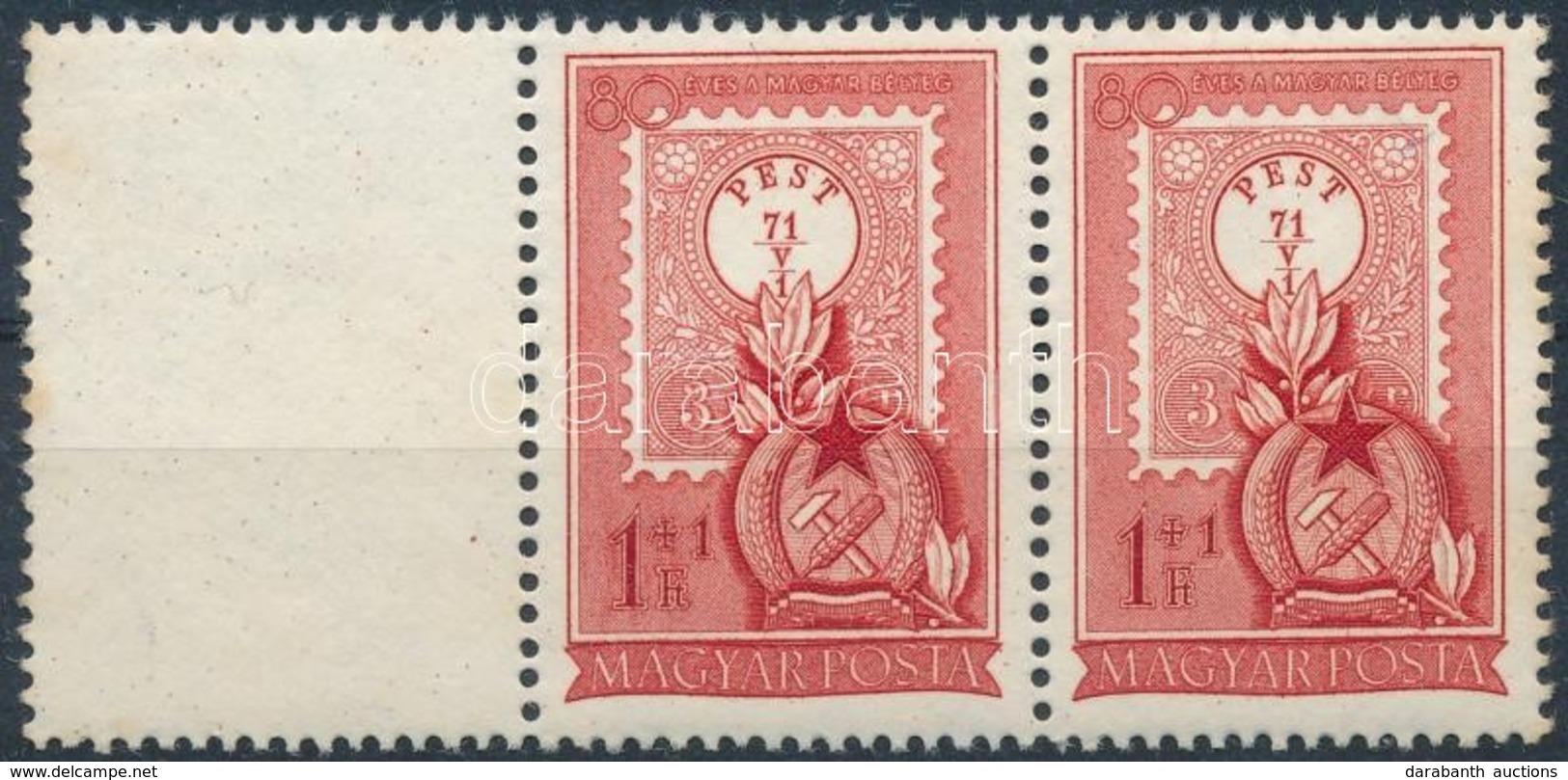 ** 1951 80 éves A Magyar Bélyeg 1Ft Pár Bal Oldali üres Mez?vel (9.000++) / Mi 1202 Pair With Blank Field On The Left Si - Andere & Zonder Classificatie