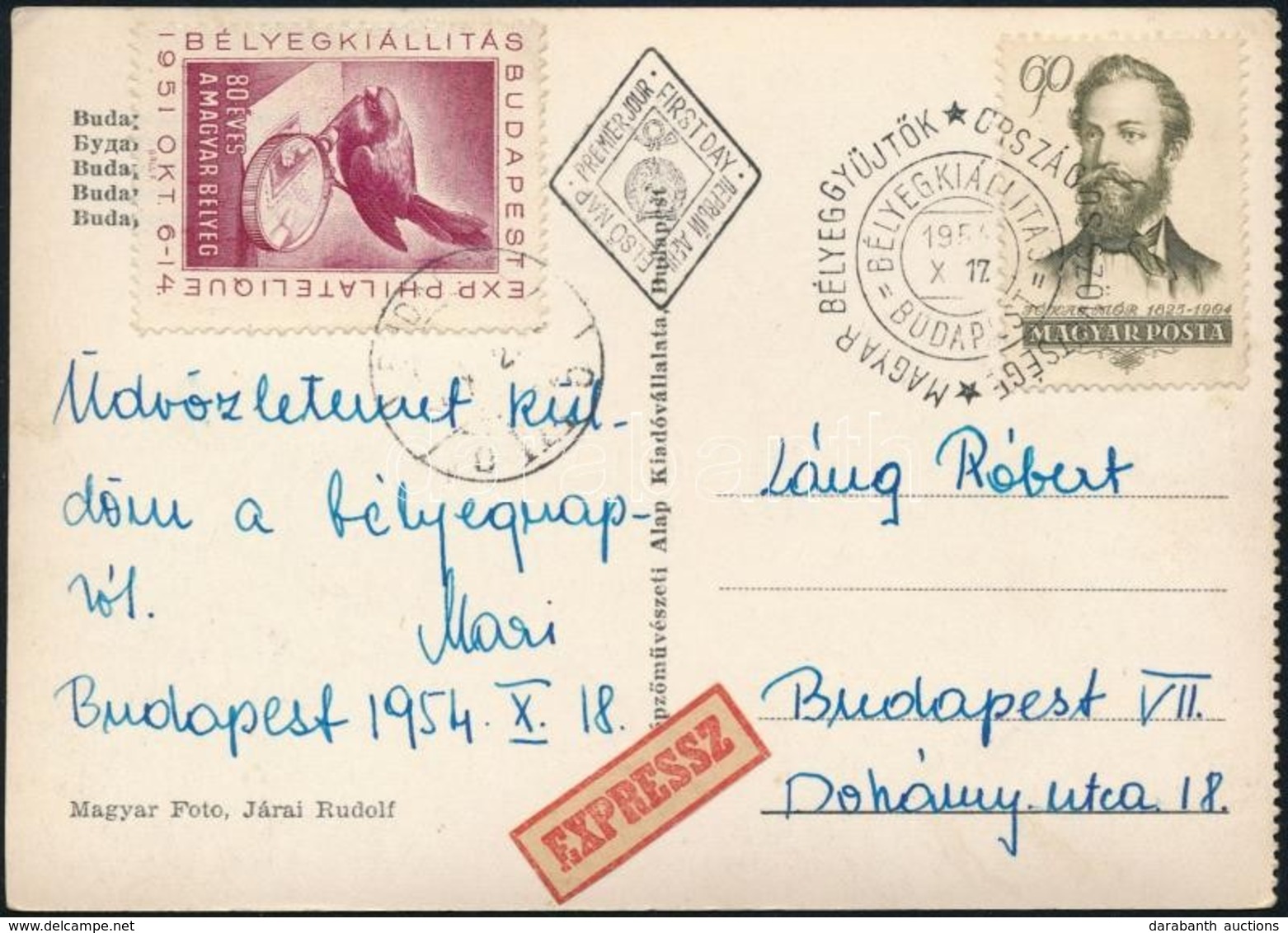 1954 Jókai Mór 60f Expressz FDC-n 1951-es Bélyegkiállítás Budapest Levélzáróval - Andere & Zonder Classificatie