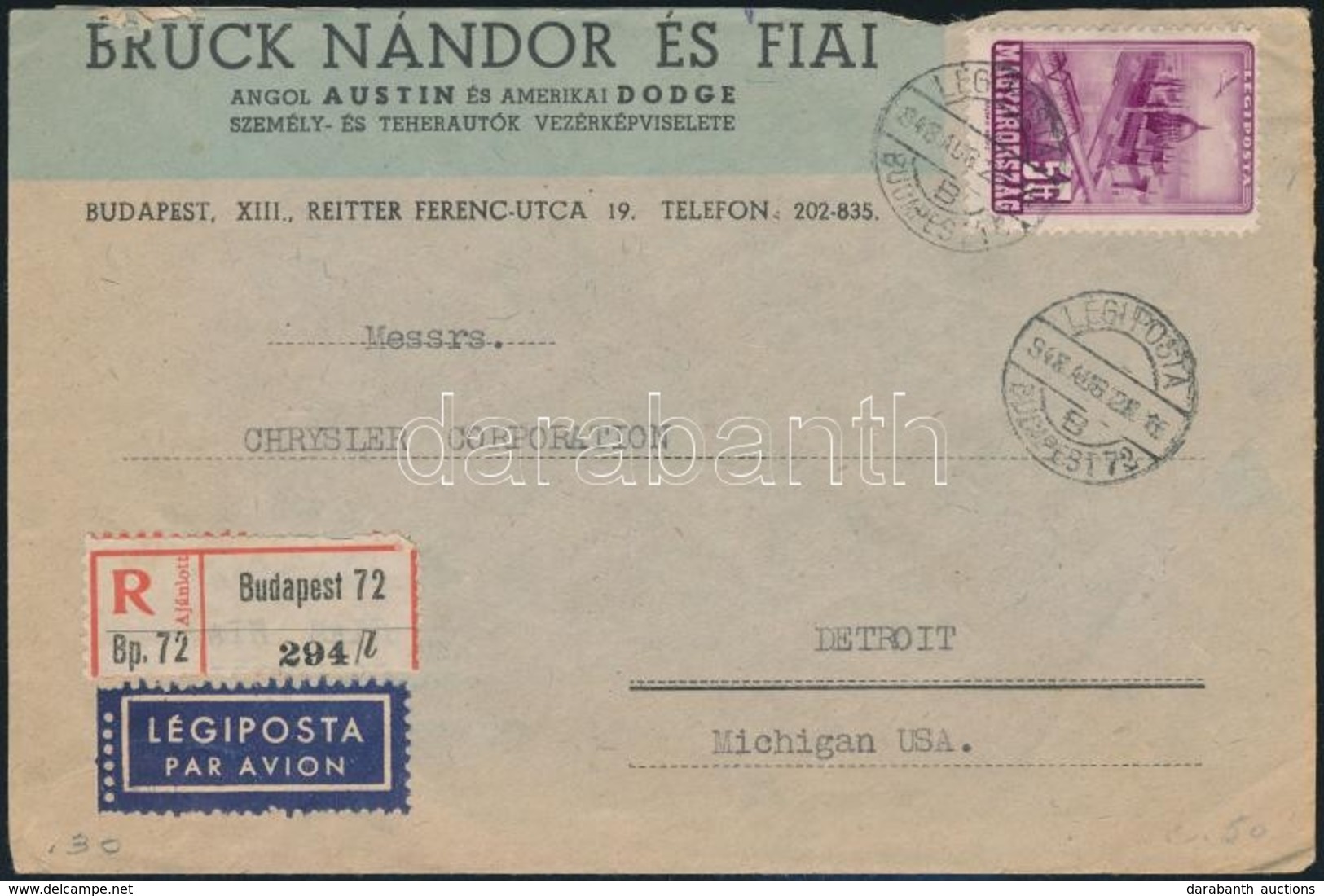 1948 Légiposta 5Ft Ajánlott Légi Levélen / Mi 970 On Registered Airmail Cover To Detroit - Sonstige & Ohne Zuordnung