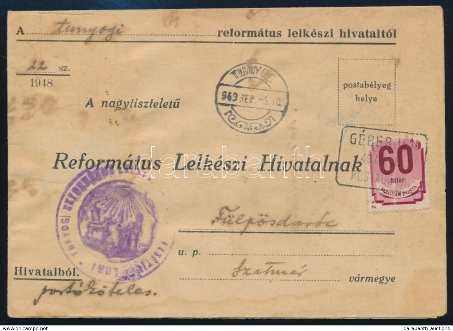 1949 Portós Küldemény ,,GÉBERJÉN' Postai ügynökség Bélyegz?vel - Sonstige & Ohne Zuordnung