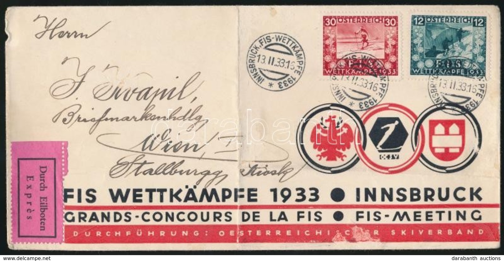 1933 Expressz Levél FIS Bélyegekkel és Alkalmi Bélyegzéssel / Express Cover With FIS Stamps And Special Cancellation - Sonstige & Ohne Zuordnung