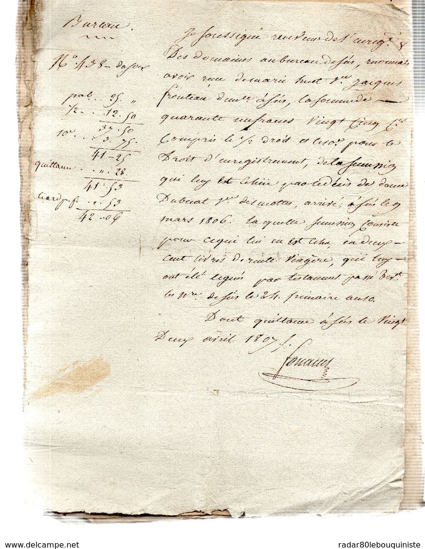 Marie HUET Veuve De Jacque Prouteau  Demeurant à Sées .Droit D'enregistrement De La Succession.1 Page.22 Avril 1807 - Historische Documenten