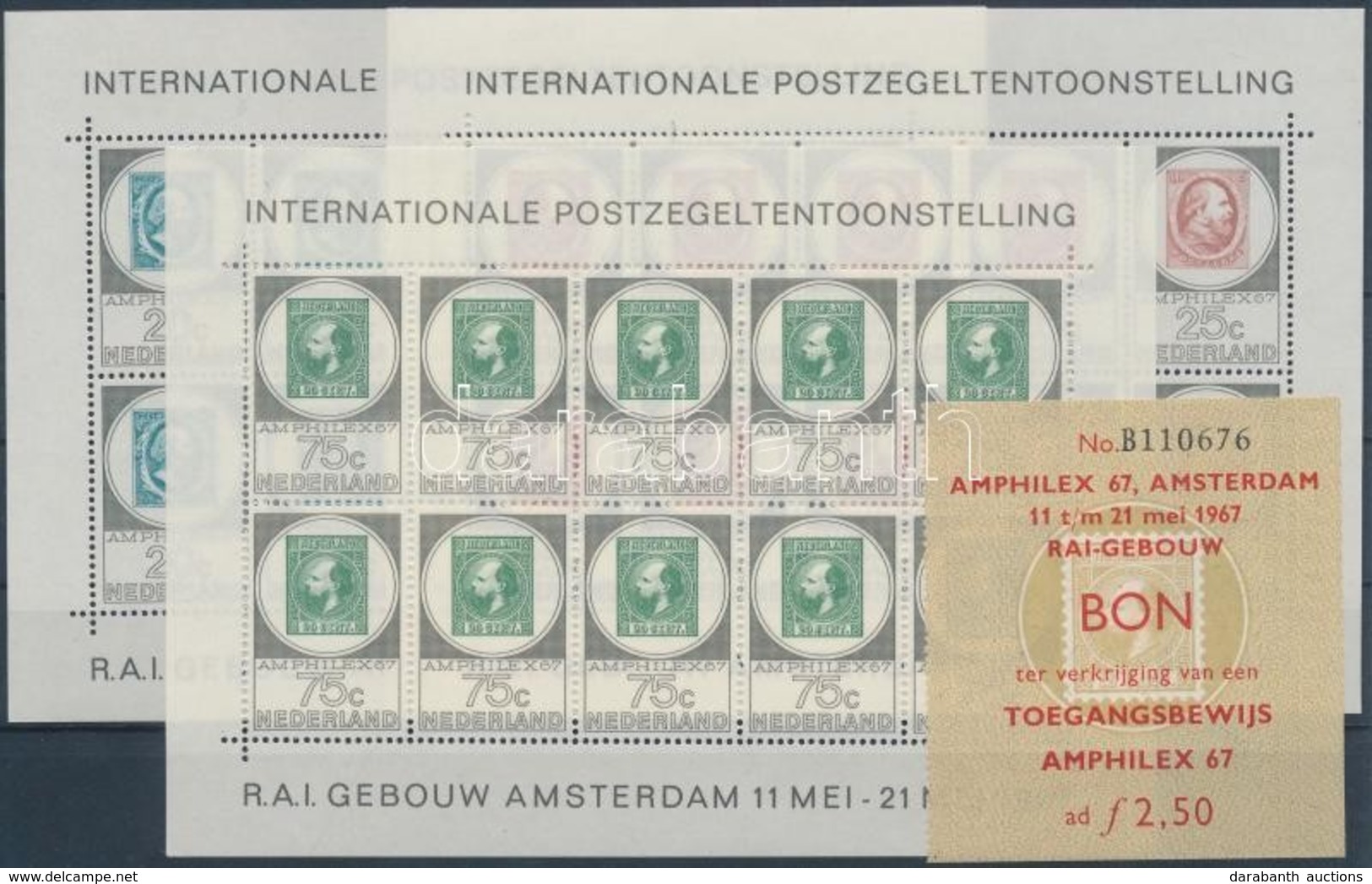 ** 1967 Bélyegkiállítás: AMPHILEX Kisívsor Mi 880-882 + Belép?jegy A Kiállításra / 3 Minisheets + Entry Ticket - Sonstige & Ohne Zuordnung