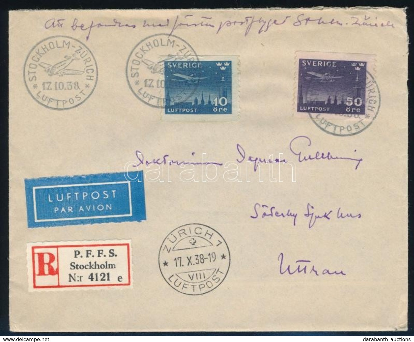 1938 Ajánlott Légi Levél Repül?posta Sorral / Mi 213-214 On Registered Airmail Cover 'STOCKHOLM-ZÜRICH' - Sonstige & Ohne Zuordnung