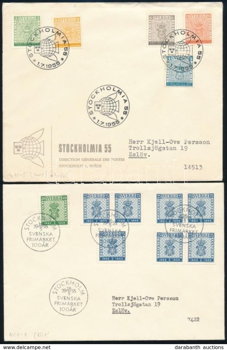 1955 100 éves A Svéd Bélyeg + Stockholm Világkiállítás Sor Mi 402-403 + 406-410 2 Db FDC-n - Andere & Zonder Classificatie