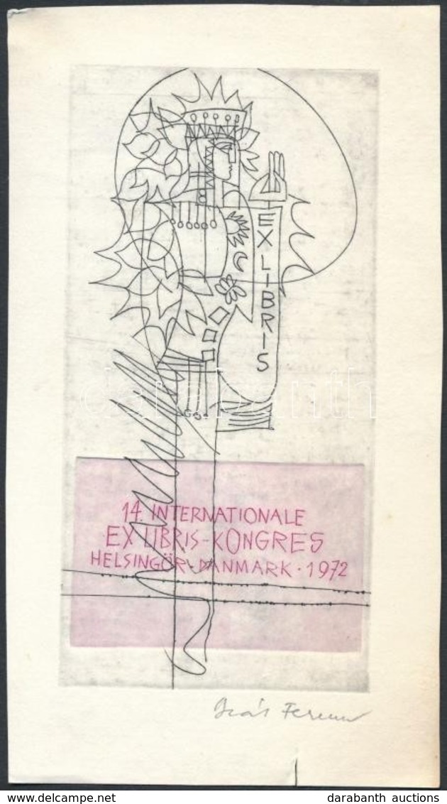 Deák Ferenc(1935-2013): 14. Internationale Ex Libris-Kongres. Színes Rézkarc, Papír, Jelzett, 12x6 Cm - Sonstige & Ohne Zuordnung