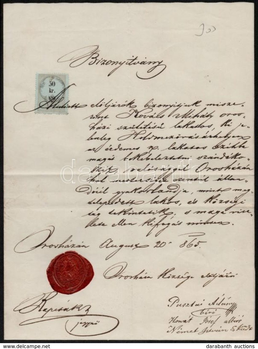 1858,1865 Orosháza. Két Igazolás Lakatos Részére, Egyik A Hódmez?vásárhelyi Céhbe Való Felvételhez. Orosháza Címeres Pec - Zonder Classificatie