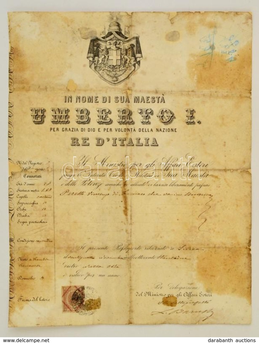 1882 Amerikai Utazásra Szóló Olasz útlevél, Restaurált, Okmánybélyeggel /

Italian Passport Issued To A Peasant, Valid F - Zonder Classificatie