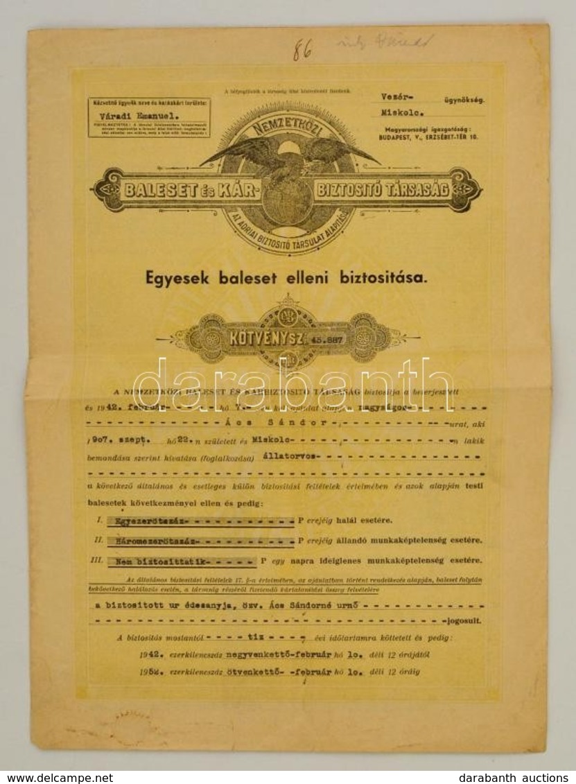 1942 Nemzetközi Baleset és Kárbiztosító Társaság Baleset Elleni Díszes Biztosítási Kötvénye, Angyal-ny., Hajtásnyommal - Ohne Zuordnung