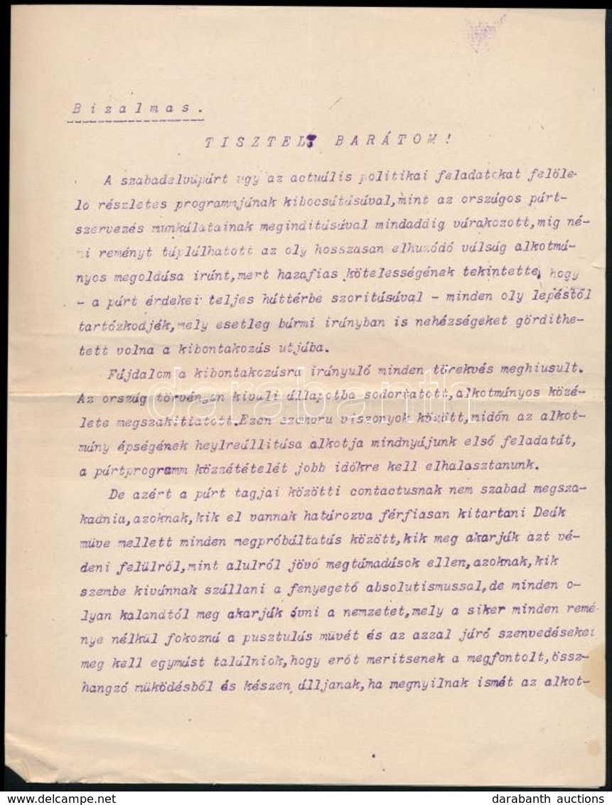 1906 Tisza István (1861-1918) Gépelt Bizalmas Levele Egy Szabadelv? Párti Barátjának, Benne Az Alkotmányos Válságra és A - Zonder Classificatie