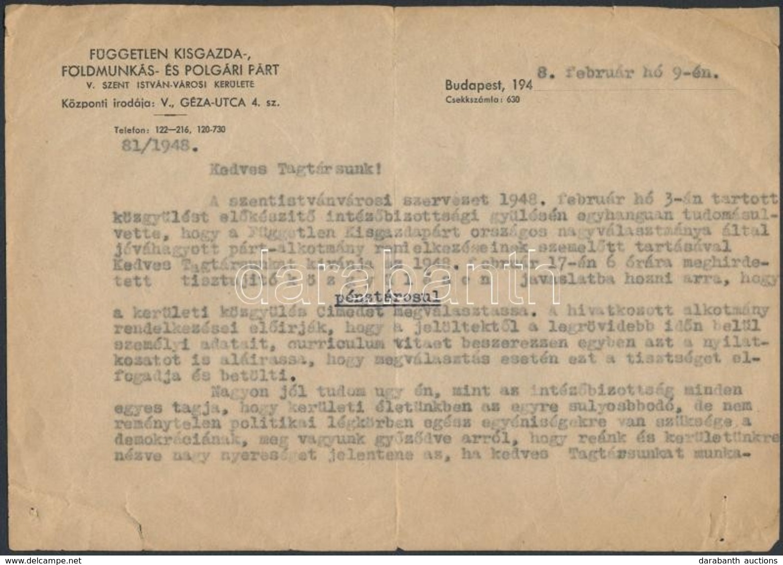 1948 FKGP Kisgazda Párt Tagjának Címzett Levél Pénztárosi Posztra Való Megválasztásról, Az V. Kerületi Pártelnök Aláírás - Zonder Classificatie