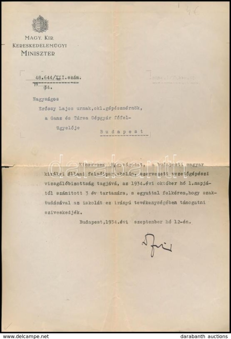 1934 Kinevezési Okmány Fabinyi Tihamér Kereskedelemügyi Miniszter Saját Kez? Aláírásával - Sonstige & Ohne Zuordnung