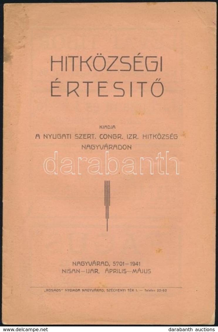 1941 Nagyvárad, Hitközségi értesít?, Kosmos Nyomda, T?zött Papírkötésben, 16 P. - Andere & Zonder Classificatie