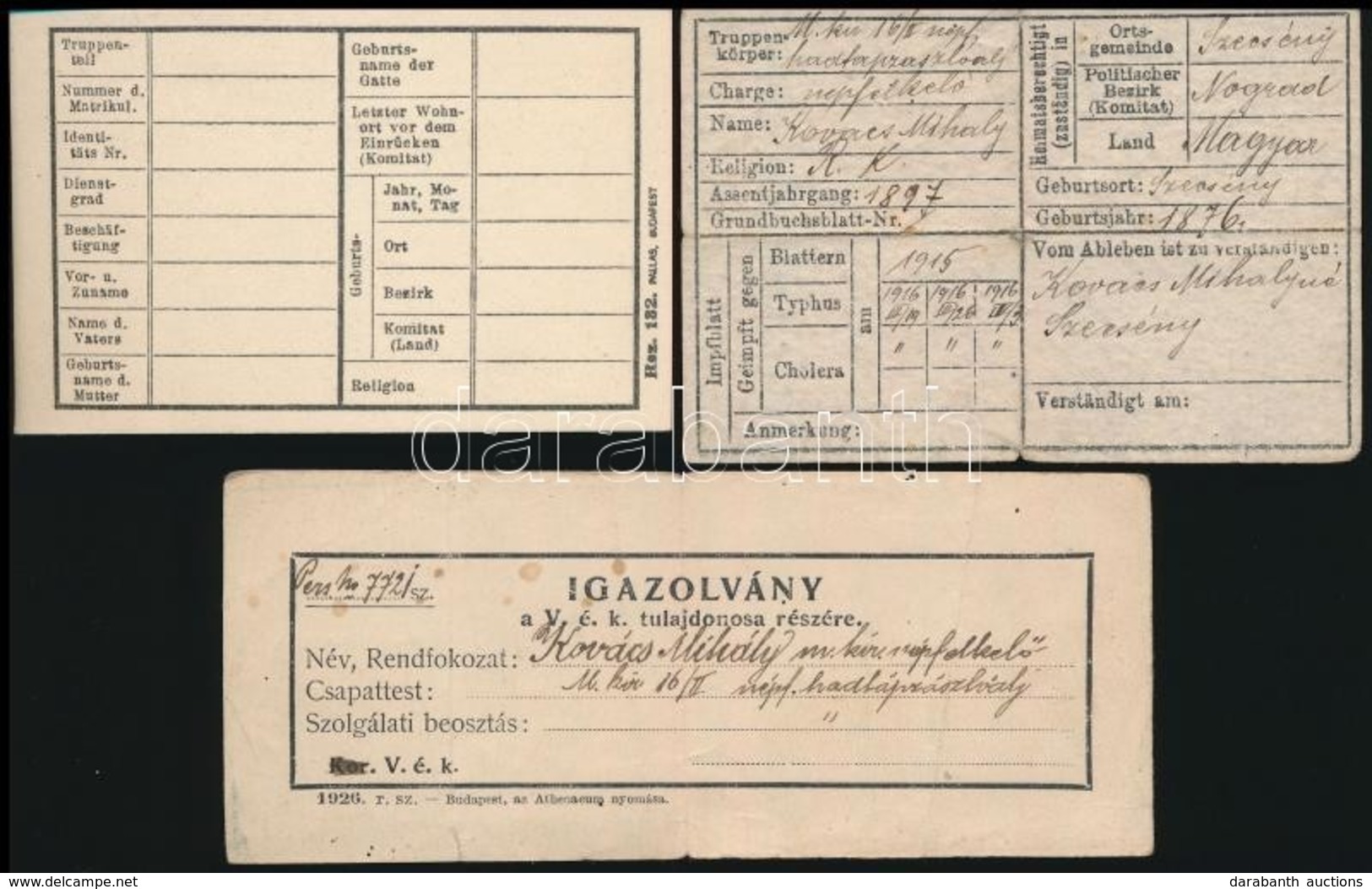 Cca 1915-1926 3 Db Katonai Igazolvány - Andere & Zonder Classificatie